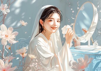 An East Asian woman in a white dress is sitting in front of a mirror, applying makeup.