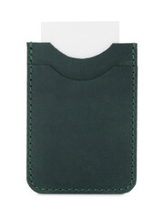 Leather business card holder with card isolated on white