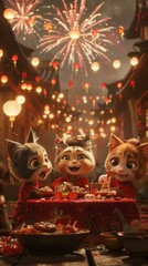 Naklejka premium Three cats celebrating Chinese New Year