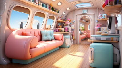 A pink and blue retro futuristic interior of an airplane
