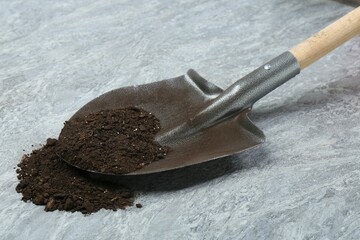 Metal shovel with fertile soil on gray textured surface