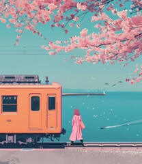 A pink-haired girl standing on a train platform with cherry blossoms in the background