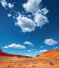 Fototapeta premium Red rock formations in the desert with blue sky and clouds