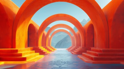 Naklejka premium A long tunnel with a lot of orange pillars in it, AI