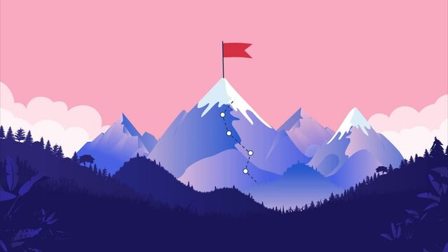 Mountain with flag on top animation - Business concept with path to success on mountaintop. Goal, achievement and challenge metaphor in animated flat design vector illustration style
