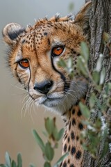 Cheetah staring intently from behind a tree