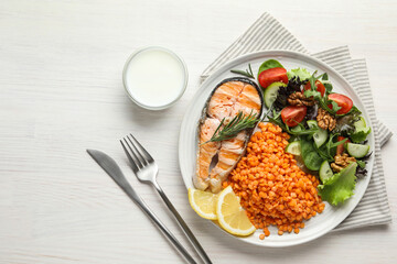 Plate with healthy food high in vegetable fats served on light wooden table, flat lay. Space for text