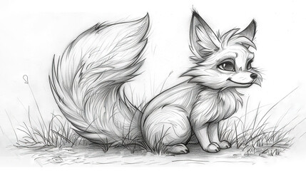 Obraz premium A monochromatic sketch of a fox perched on the ground amidst blades of grass in the foreground and background