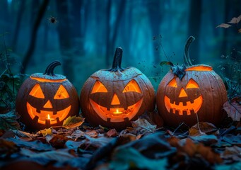 Three carved pumpkins sit in a spooky forest at night