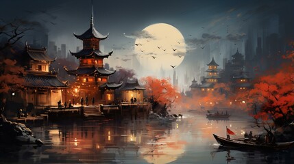 An oriental town with a river running through it and a full moon in the background