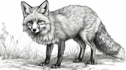 Obraz premium A black and white illustration depicts a fox positioned amidst the grass, with its head tilted and eyes wide open