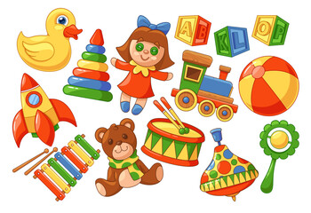 Kids Toys Set. Rubber Duck, Pyramid, Doll and Train. Cubes, Rocket, Teddy Bear and Xylophone, Drum and Whirligig