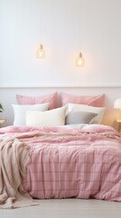 A cozy pink and white gingham bedding set with two hanging wicker pendant lights above the bed.