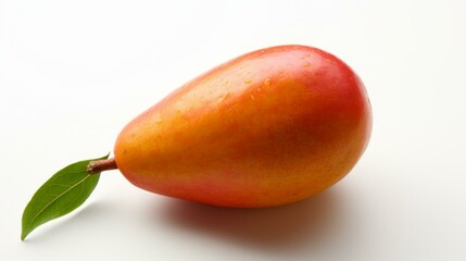 A single pear with a stem and a leaf
