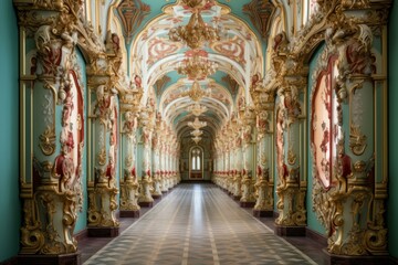 Fototapeta na wymiar ornate hallway with green walls and colorful columns