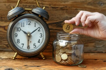 A hand putting a Bitcoin coin into a jar with a clock in the background - obrazy, fototapety, plakaty
