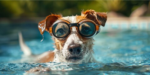 Dog wearing swimming goggles in a pool