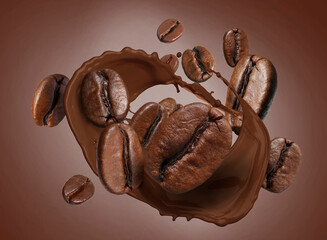 Coffee splash and roasted beans in air on brown gradient background