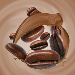 Coffee splash and roasted beans in air on color background