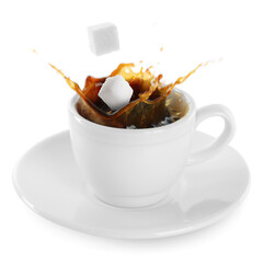 Coffee splashing in cup due to falling sugar cubes on white background