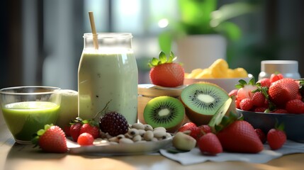 Healthy smoothie with strawberries, kiwi, and banana on a wooden table