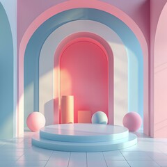 pastel color 3d rendering background with podium and balls