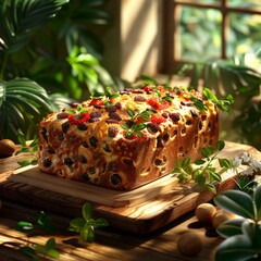 Close up of a delicious fruitcake on a wooden table