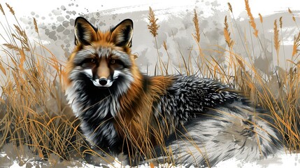 Fototapeta premium A fox sits amidst tall grass, with tall grass in the foreground and a gray sky as backdrop