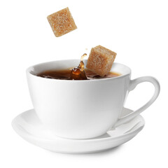 Coffee splashing in cup due to falling sugar cubes on white background