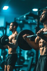 Two muscular men are lifting weights in a gym.