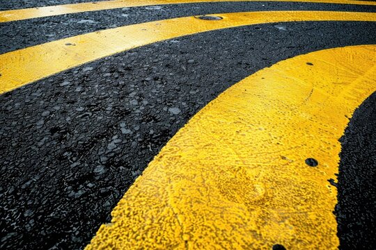 A yellow and black striped road with water on it. The yellow stripes are wet and the black is dry