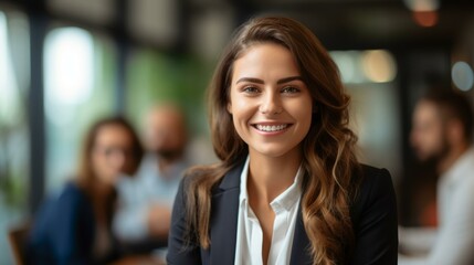 Obraz premium Portrait of a smiling young businesswoman in a suit