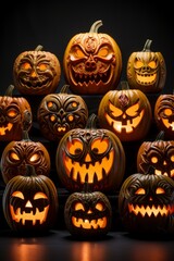 Carved pumpkins with various faces for Halloween