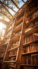 Wooden library ladder to reach the top shelf of books