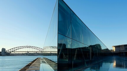 Modern glass building with reflection of a bridge