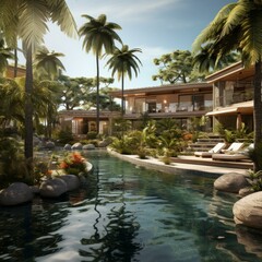 Obraz premium A stunning tropical villa with a pool and lush gardens