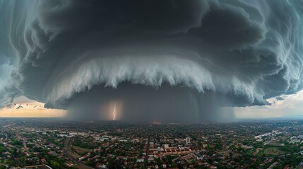 A large storm cloud is about to hit a city
