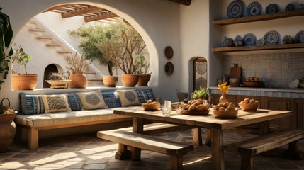 A beautiful Mediterranean style home interior with a dining table, a seating area, and a kitchen