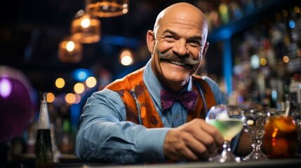 Happy bartender with mustache holding a cocktail