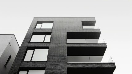 Black and white photo of a modern apartment building with glass balconies
