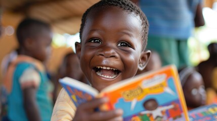 Excited child gets new book from volunteer, showcasing the happiness literacy brings. International Literacy Day, 8 September