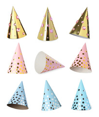 Colorful party hats isolated on white, set