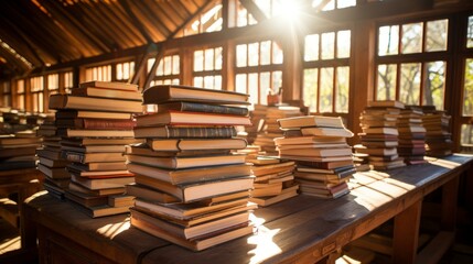 Obraz premium Stacks of old books in a wooden building with large windows