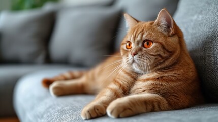 A ginger cat is lying on a gray sofa looking to the right