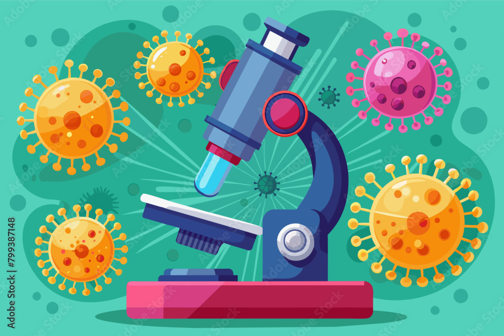 Poster microscope focused on a single virus particle, magnified and detailed to reveal its intricate structure.