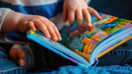 Child's hands turn pages of a bright book, symbolizing reading joy on International Literacy Day. International Literacy Day, 8 September