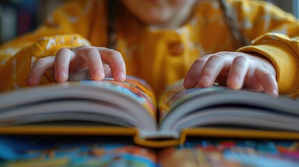 Joy of reading captured as a child flips through an illustrated book on Literacy Day. International Literacy Day, 8 September