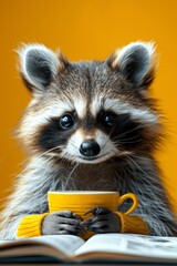 Obraz premium A raccoon holding a yellow cup with its hands on the book, AI