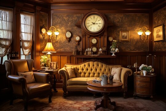 luxurious Victorian parlor with vintage furniture and a large grandfather clock