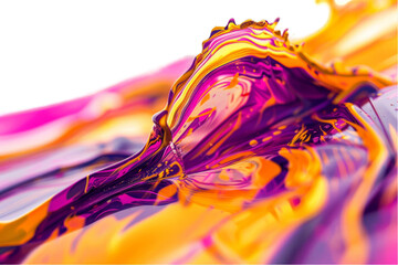 Macro shot of vibrant yellow and magenta liquid metal swirl isolated on transparent background. High-detail fluid art for modern creative concepts